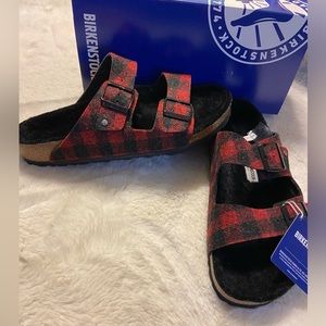 New Birkenstock men’s Arizona rivet Plaid Genuine shearling slide size 43